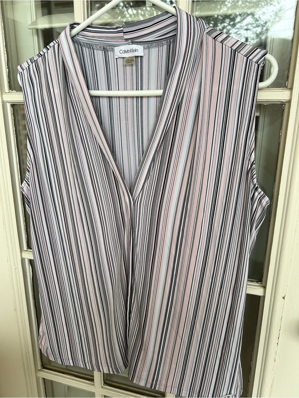 Calvin Klein Pink, Black & White Striped V-Neck Sleeveless Top
